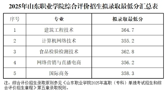 2025年山东职业学院综合评价最低分汇总表