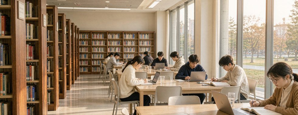 大学图书馆阅览室备考场景